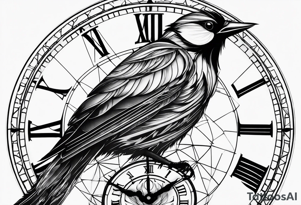 a bird clock but the bird's feathers are falling apart wich represents the fugacity of time tattoo idea