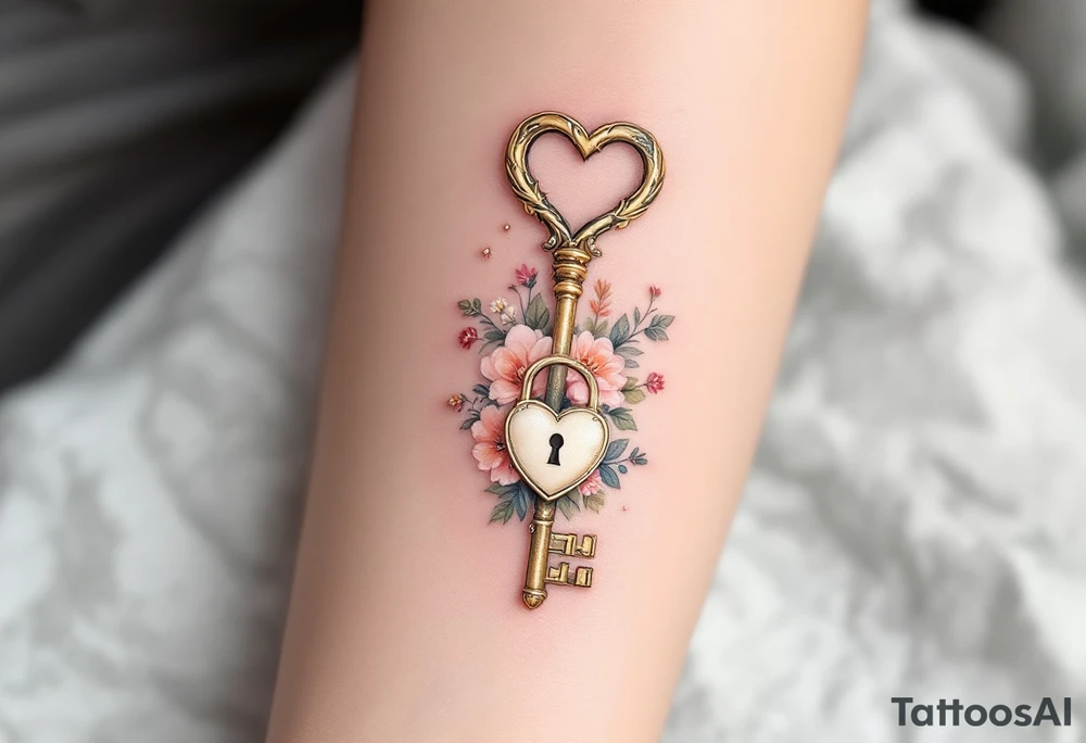 A finely detailed key with a heart-shaped end, surrounded by a floral border, leading to an elegant lock adorned with tiny flowers. Gold for the key, soft blush and peach for the flowers, and a creamy ivory lock with subtle silver detailing. tattoo idea