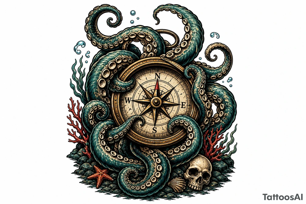 A kraken's tentacles coiling around a nautical compass on a dark ocean floor. tattoo idea