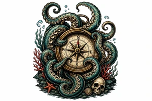 A kraken's tentacles coiling around a nautical compass on a dark ocean floor. tattoo idea