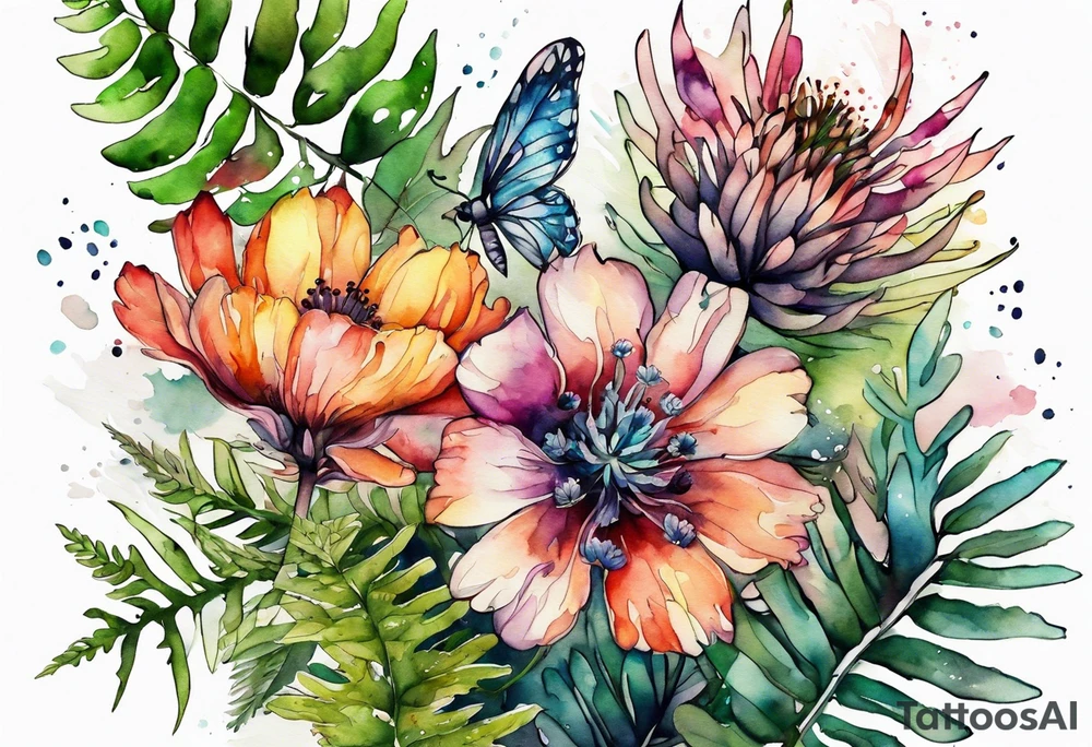 Three wild flowers with ferns all watercolor tattoo idea