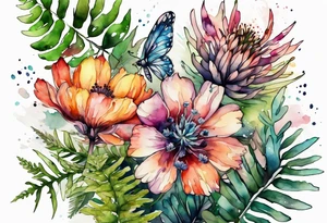 Three wild flowers with ferns all watercolor tattoo idea