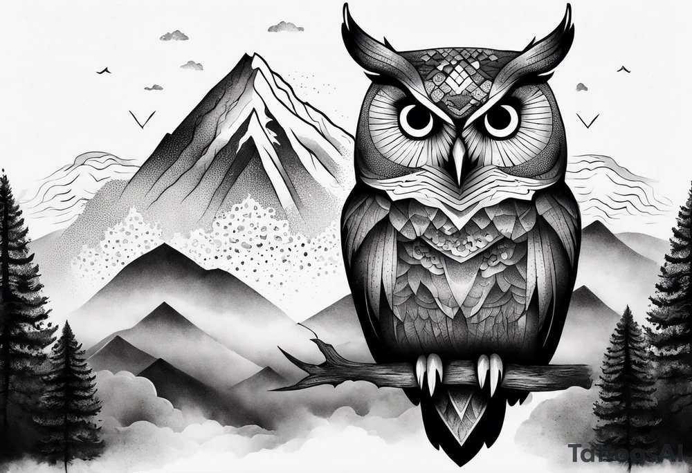 Large owl with trees mountains rocks and water.  Sky with clouds tattoo idea
