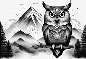 Large owl with trees mountains rocks and water.  Sky with clouds tattoo idea