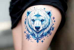 A spirit bear in white with blue accents, surrounded by snowflake and mountain motifs. tattoo idea