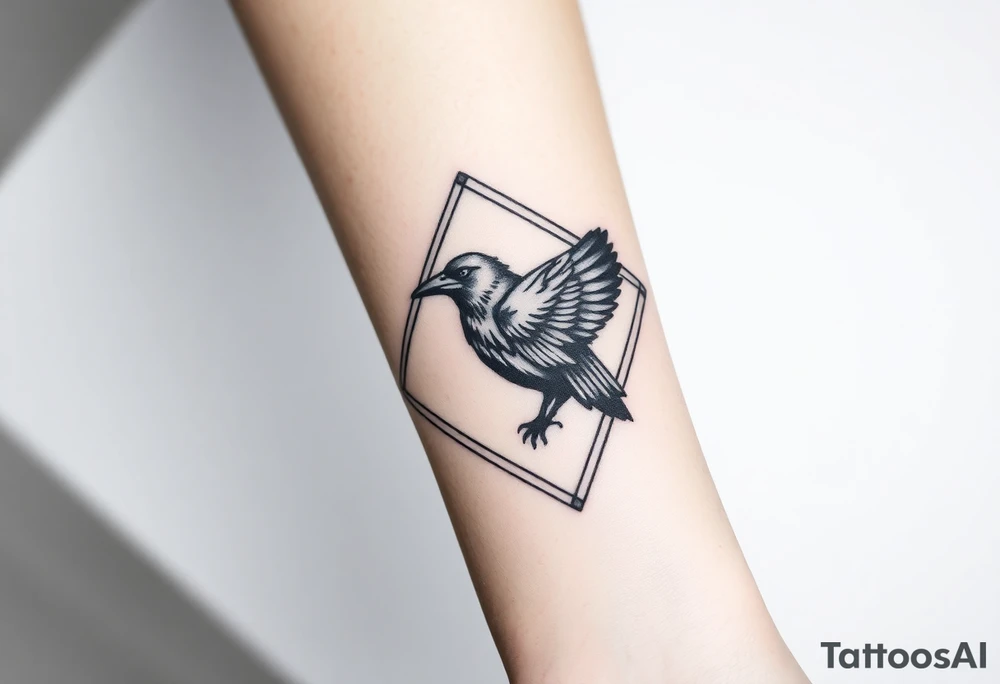 Geometric diamond with lines going around with a big detailed crow in center with a lot of shading tattoo idea