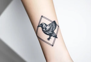 Geometric diamond with lines going around with a big detailed crow in center with a lot of shading tattoo idea