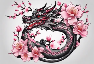 Delicate feminine simple dragon intertwined in cherry blossom, soft lines, soft dragon, pleasant dragon, beautiful cherry blossom tattoo idea