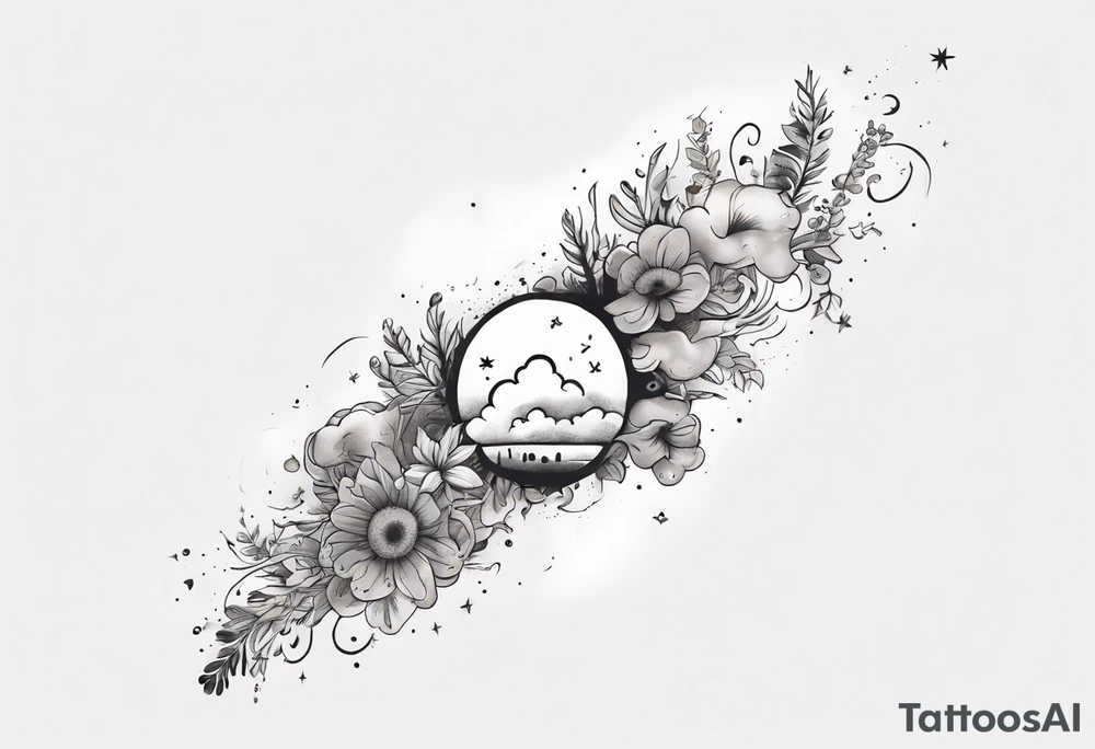 a forearm tattoo with a cloud with little plants and underneath it the date 12.08.05 tattoo idea