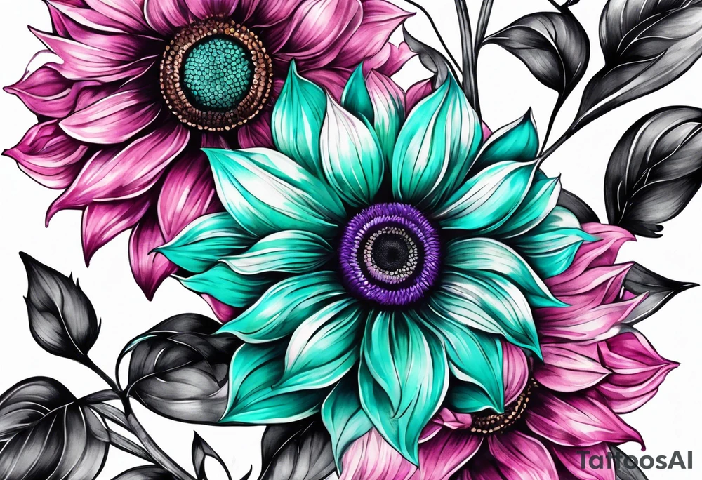 Teal, pink and purple sunflower sleeve tattoo idea