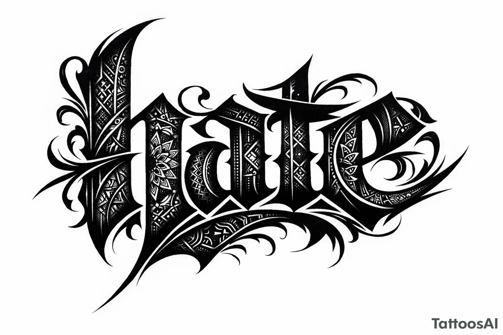 Blackwork script with sharp, angular lines spelling 'hate' with intricate geometric patterns. tattoo idea