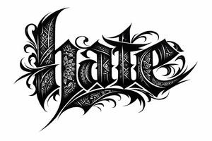 Blackwork script with sharp, angular lines spelling 'hate' with intricate geometric patterns. tattoo idea