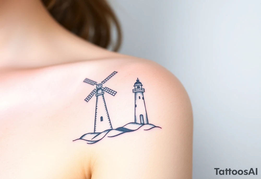 Windmill and lighthouse intertwined tattoo idea