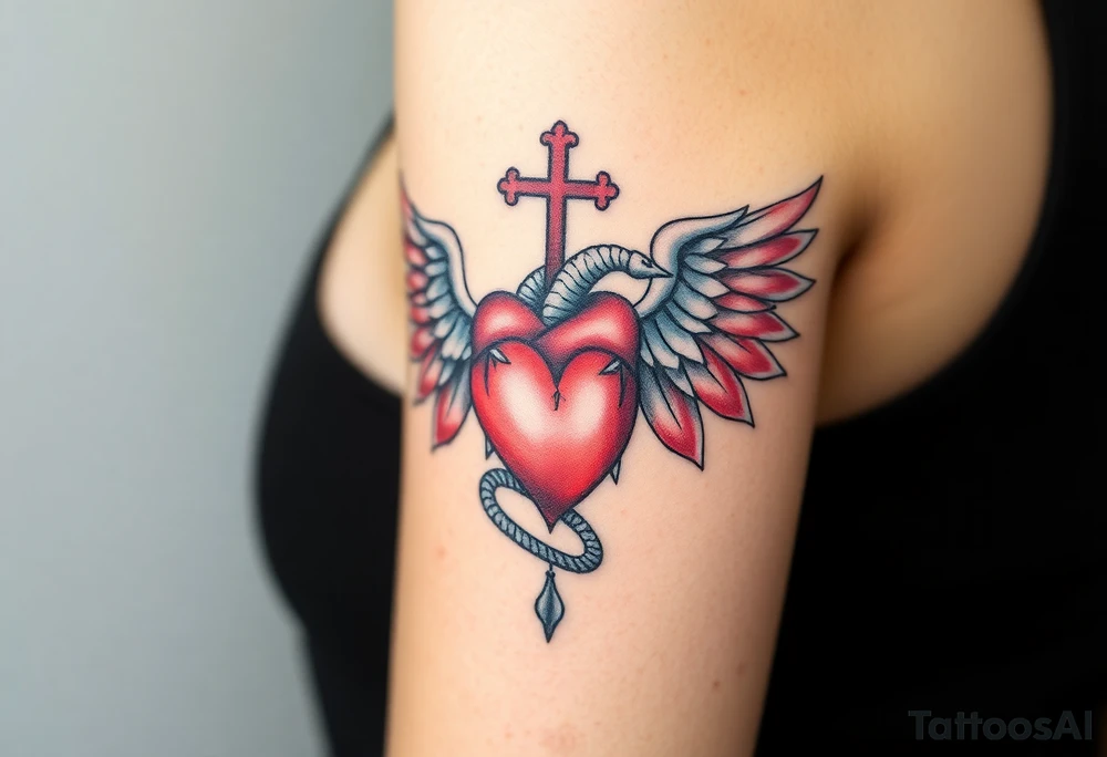 catholic sacred heart with wings and serpent cross tattoo idea
