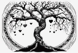 Tree with no leaves with it's main trunk main of DNA wends with a heart. Has serotonin structure on tree branch tattoo idea