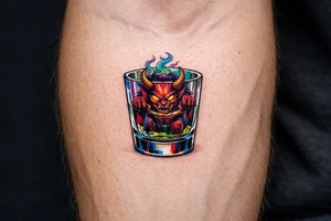 A small, detailed demon trapped within a clear shot glass. tattoo idea