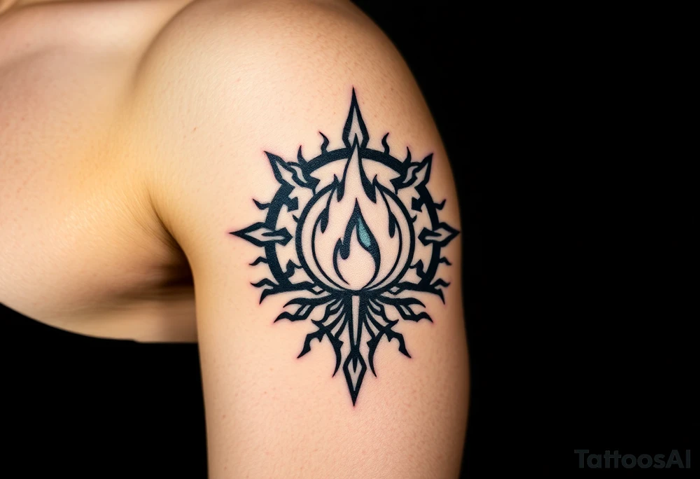a flame imprisoned in roots circle tattoo idea