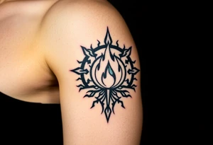 a flame imprisoned in roots circle tattoo idea