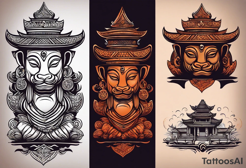 quiero crear una composicion para un tatuaje del antebrazo completo con pequeños tatuajes de tematica asiatica que incluya una rana con sombrero de vietnam, varios guerreros de terracota y una imagen del templo de camboya ankor tattoo idea