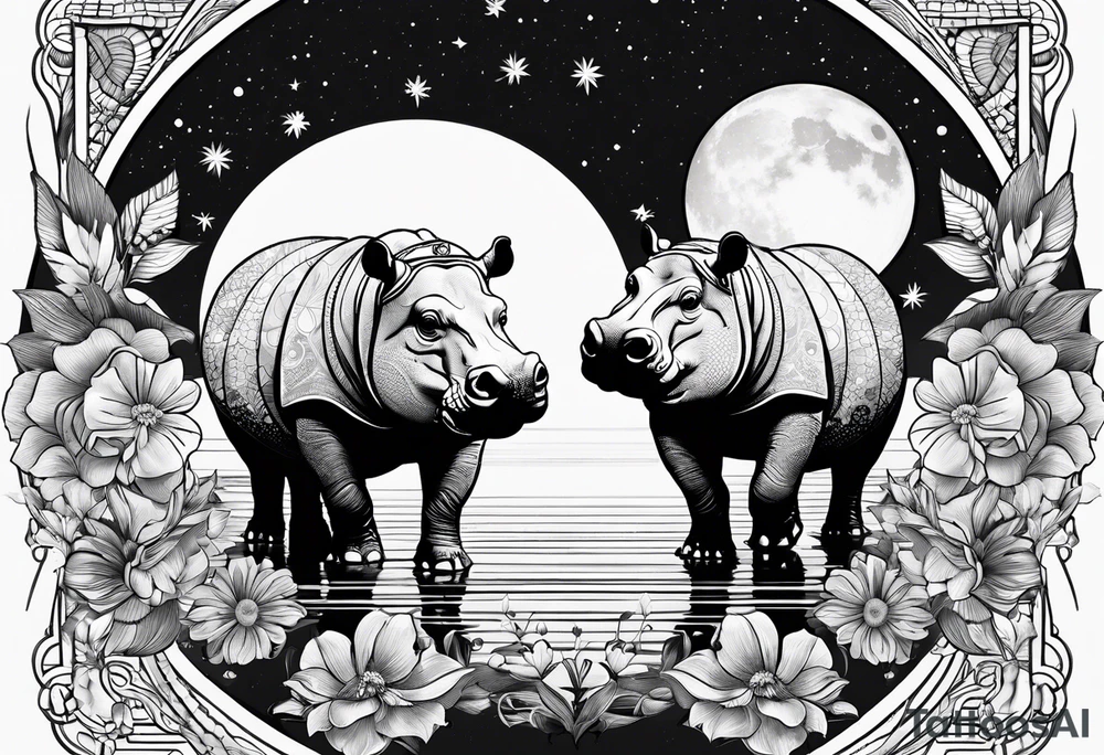 Hippo, flowers, moon, interstella,
fine lines, tribal, geometric tattoo idea Hippo, flowers, moon, interstella,
fine lines, tribal, geometric tattoo idea