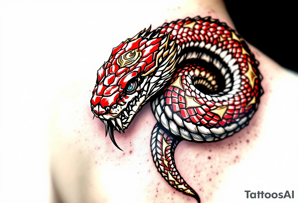 A scarlet red cobra, poised to strike, with golden hood markings and obsidian eyes. tattoo idea