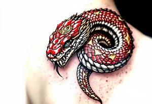 A scarlet red cobra, poised to strike, with golden hood markings and obsidian eyes. tattoo idea