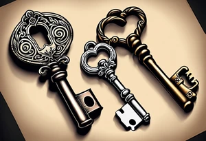 couple tattoos of an old antique key and lock, when the tattoos are side by side they look like the key unlocks the lock. tattoo idea