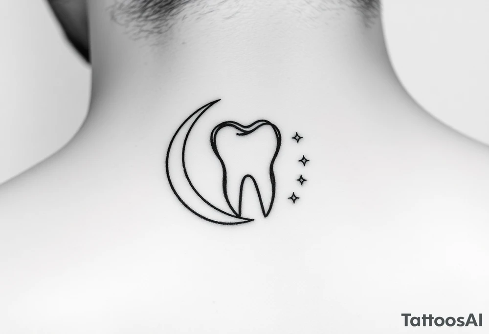 Tiny fine-line outline of a molar tooth framed by a thin crescent moon hugging its side, with three very small sparkling dots around, elegant and subtle. tattoo idea