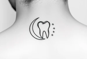 Tiny fine-line outline of a molar tooth framed by a thin crescent moon hugging its side, with three very small sparkling dots around, elegant and subtle. tattoo idea