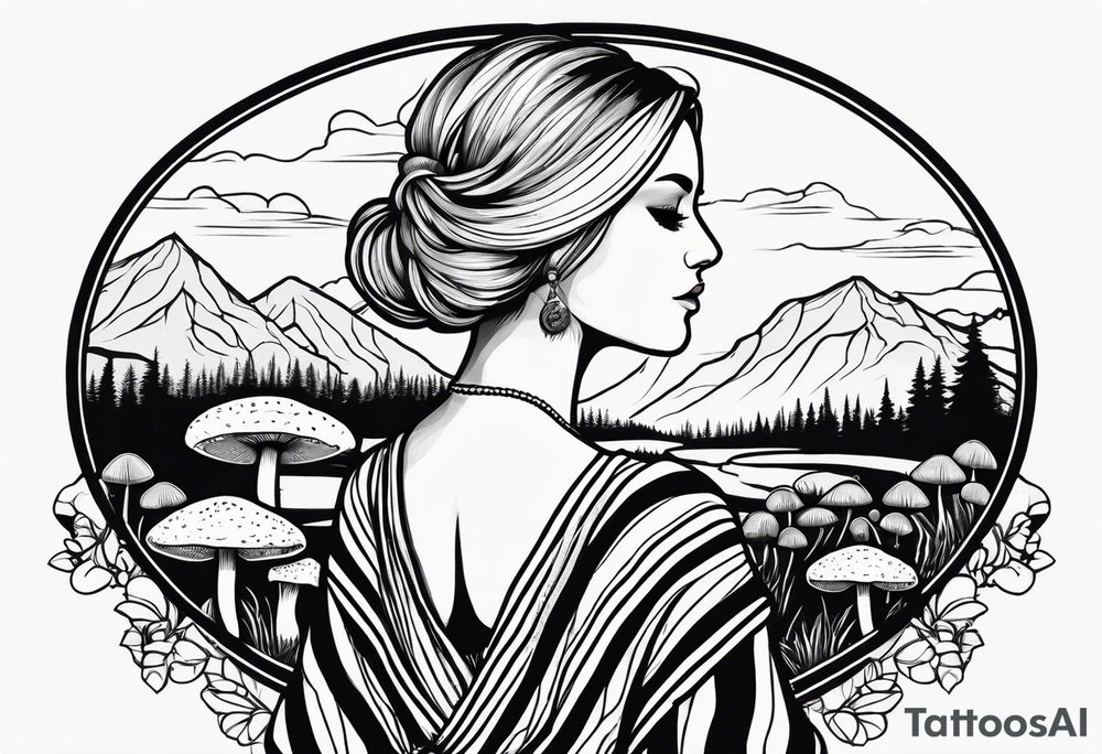 Straight blonde hair girl holding mushrooms in hand facing away toward mountains surrounded by mushrooms circular design black and white striped dress tattoo idea