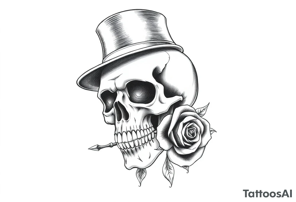 a skull with top-hat and a rose in his mouth. tattoo idea