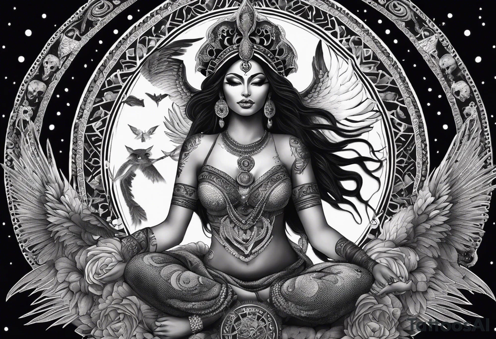black kali, goddess pirate, alien, angel, pachamama, valkrye, warrior, flying, skull, lotus azul, wing, eagle, zenza resonance, stars, 5D, anahata chakra, death, durga, riding on a tiger, flying lady, kundalini, chest tatoo, samuri, rebel, serpent tattoo idea