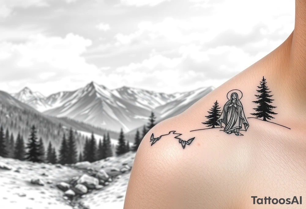 Mountainous valley with creek and a few trees with a Russian orthodox kazan scene covering my shoulder entering my upper arm with a Russian orthodox Virgin Mary tattoo idea