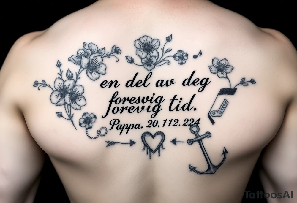 Quote: en del av deg forevig tid. Pappa 20.12.24
Surround the quote with gladiolius, notes, a heart and an anchor tattoo idea