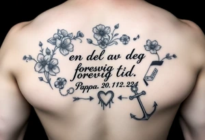 Quote: en del av deg forevig tid. Pappa 20.12.24
Surround the quote with gladiolius, notes, a heart and an anchor tattoo idea