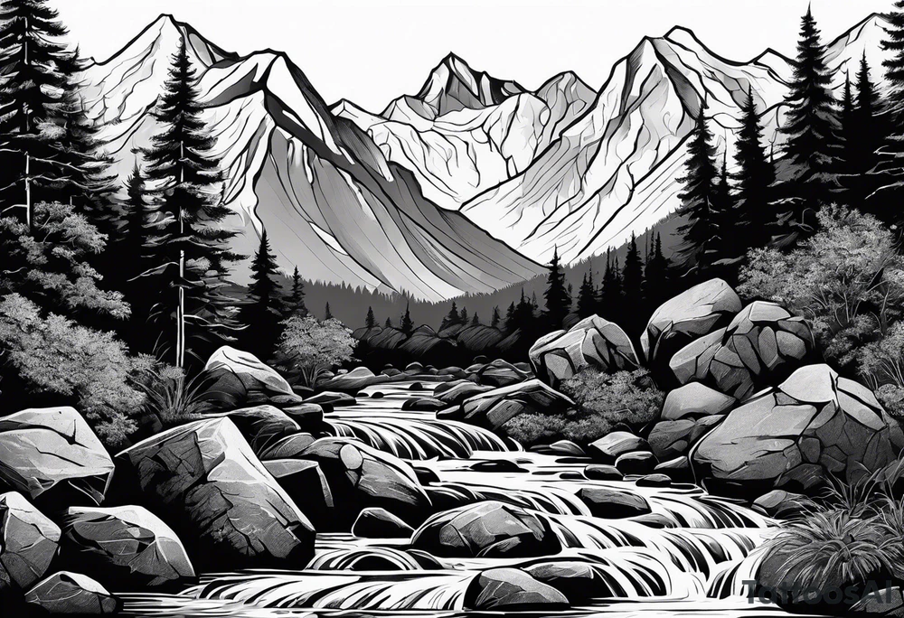 river running through rocks and mountains tattoo idea