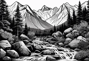 river running through rocks and mountains tattoo idea