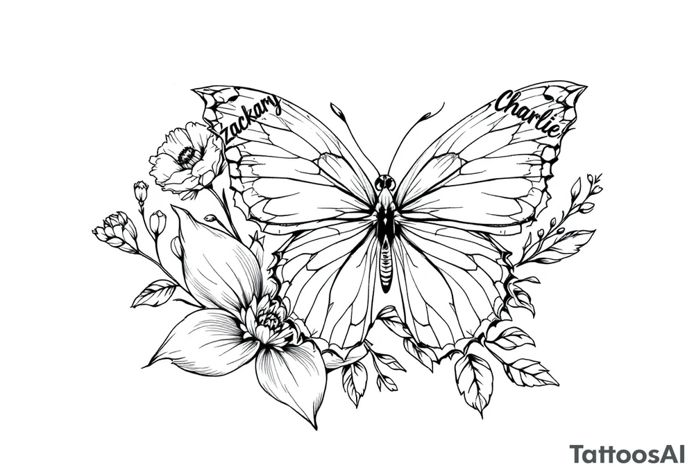 flowers, butterfly with name Zackary and Charlie tattoo idea