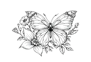 flowers, butterfly with name Zackary and Charlie tattoo idea
