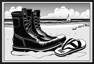 Keep it simple. A pair of timberland boots next to two flip flops and a cowboyhat on the Beach. tattoo idea
