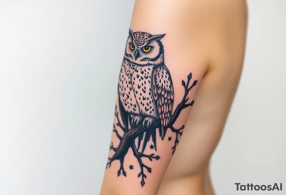 wise owl perched on ancient oak branch under starlit sky tattoo idea