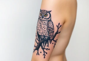 wise owl perched on ancient oak branch under starlit sky tattoo idea