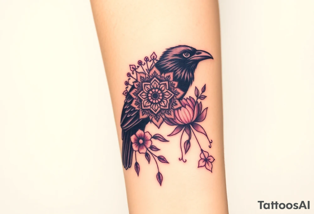 raven with mandala and flowers tattoo idea