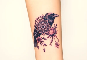raven with mandala and flowers tattoo idea