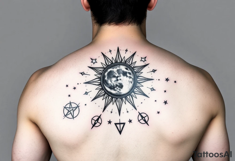 celestial sun and moon embrace with constellation patterns tattoo idea