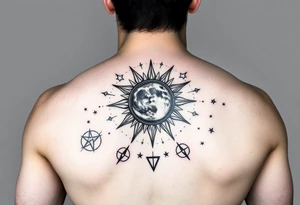 celestial sun and moon embrace with constellation patterns tattoo idea