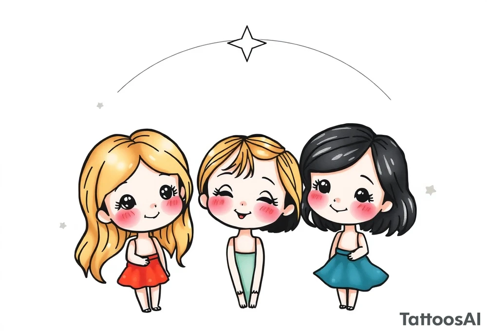 3 petites filles ( une cheveux noir et deux blondes)
sous un arc en ciel incomplet tattoo idea