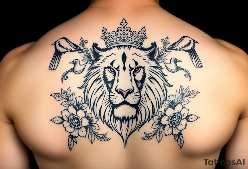 powerful majestic lion with a crown, surrounded by floral ornaments and birds tattoo idea