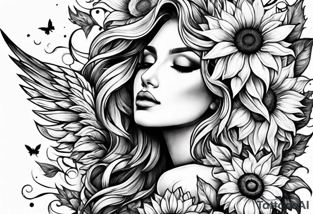 Sunflowers and angel wings leg sleeve tattoo idea