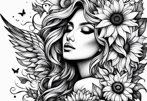 Sunflowers and angel wings leg sleeve tattoo idea